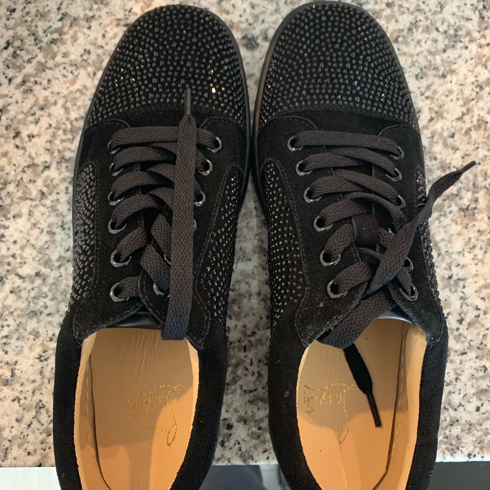 *not actual louboutins* black sparkly sneakers